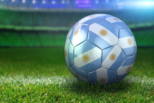 Argentina Soccer Ball on Stadium Green Grasses at Night