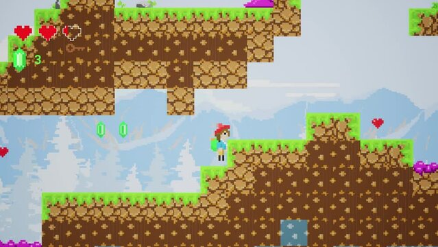 8 Bit Video Game Mock Up Concept for Playback: Gameplay of Retro 2D Console Arcade with Player Moving Around Pixelated Digital World, Fighting Monsters and Collecting Items. Day Time Theme.