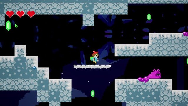 Video Game Mock Up Concept for Playback: Gameplay of Retro 2D Console Arcade with Player Moving Around Pixelated Digital World, Fighting Monsters and Winning the Stage. Dark Night Theme.