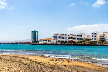 Arrecife cityscape seen from the Atlantic Ocean, capital city of Lanzarote, Canary Islands, Spain