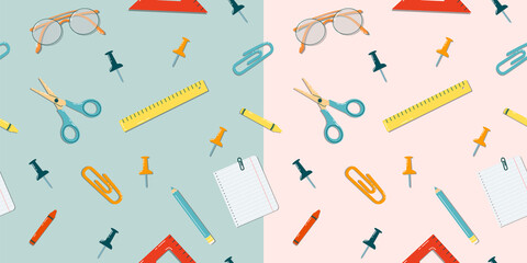 Back to school seamless pattern. Colorful doodle illustration with school supplies. Scissors, pins, clips, glasses, pencil, paper and ruler. Vector background 