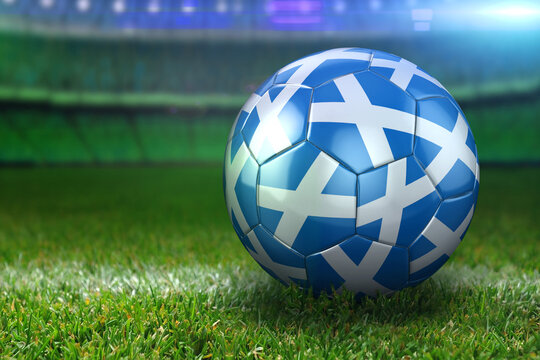 Scotland Soccer Ball on Stadium Green Grasses at Night
