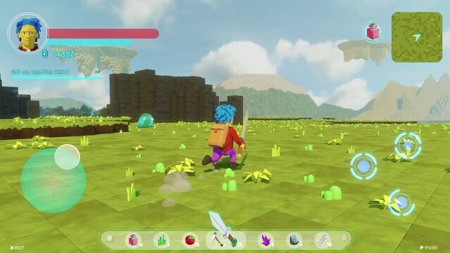 Looped Video Game Mock Up Concept: 3D Third Person Fantasy Open World Online Multiplayer Gameplay. Fun MMO Arcade with Hero Character Running with Sword and Fighting Big Pink Boss Monster.