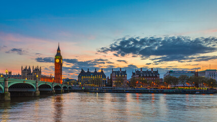 Sunset of the thames river, big ben, westminster bridge in London.