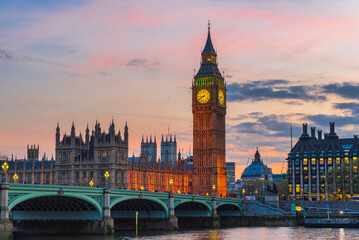 Sunset of the thames river, big ben, westminster bridge in London. - obrazy, fototapety, plakaty