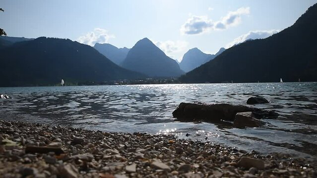 lake Achensee shore in the evening 