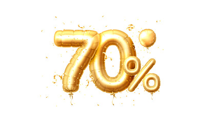 70 Off balloons, discount sale, balloon in the form of a digit, golden confetti. Vector
