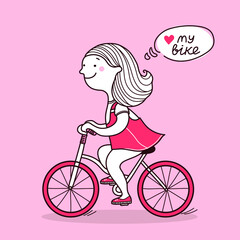 Young woman riding a bike. Vector cute girl on bike pink greeting card background for text
