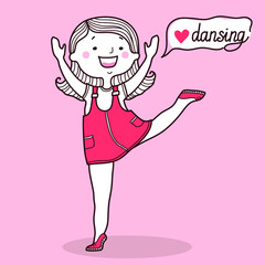 Young woman dancing. Vector hand drawn pink card illustration with pretty girl dancing on pink card background 