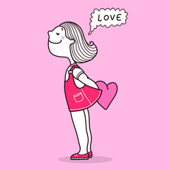 Young woman fall in love. Vector hand drawn pink card illustration with teenager girl and pink heart love greeting card 