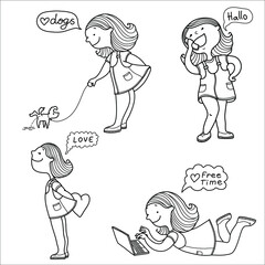 Set of young girls daily activities Vector hand drawn healthy lifestyle  on white. Teenager girl walk the dog, talk the phone, fall in love and use laptop isolated on white