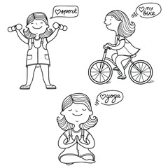 Set of young girls daily activities Vector hand drawn healthy lifestyle  on white. Teenager girl cycling, do yoga and do sport isolated on white