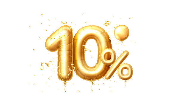 10 Off balloons, discount sale, balloon in the form of a digit, golden confetti. Vector