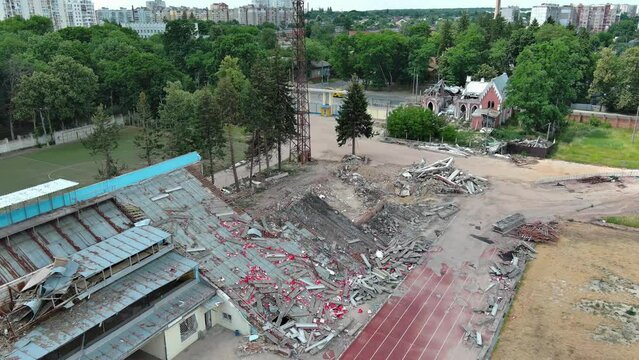 Chernihiv, Ukraine - June 27, 2022: War in Ukraine. A blown up football stadium as a result of a rocket attack in Chernihiv.