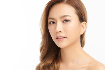 Fototapeta premium Beautiful young asian woman with clean fresh skin on white background, Face care, Facial treatment, Cosmetology, beauty and spa, Asian women portrait.