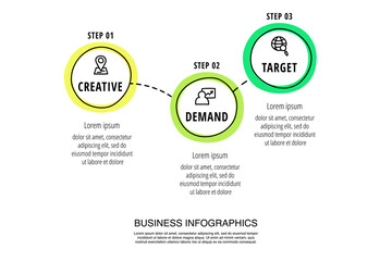 Business vector infographics with three circles. Hand drawn timeline visualization with 3 steps for diagram, flowchart, banner, presentations, web, content, levels, chart, graphic