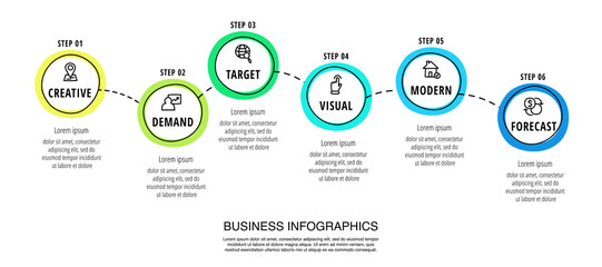 Business vector infographics with six circles. Hand drawn timeline visualization with 6 steps for diagram, flowchart, banner, presentations, web, content, levels, chart, graphic