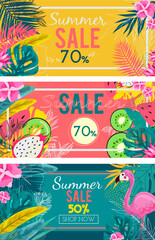 Summer sale banner background template with green leaves, Flamingos and fruits