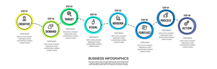 Business vector infographics with eight circles. Hand drawn timeline visualization with 8 steps for diagram, flowchart, banner, presentations, web, content, levels, chart, graphic