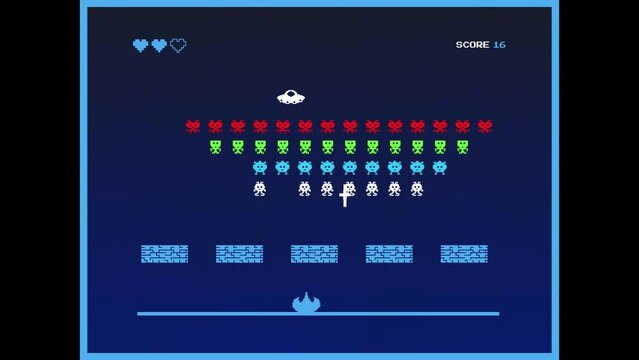 8 Bit Video Game Mock Up Concept for Playback: Gameplay of Retro Eighties 2D Console Space Shooter Arcade with Spaceship Shooting Down Aliens and UFO Boss.