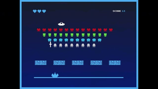 Retro 8 Bit Eighties Inspired Console Arcade Video Game. Loading Screen and Playback for TV or Mobile Device Screen with Spaceship Shooting Down Aliens and UFO Boss, Winning the Round.