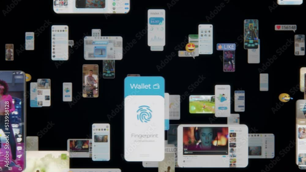 Aufkleber VFX Animated Background with Virtual Social Media Reality Interconnected by Internet Into Worldwide Web. Internet of Things Concept with Videos, Avatars, Profiles Flowing in Online Information Space.
