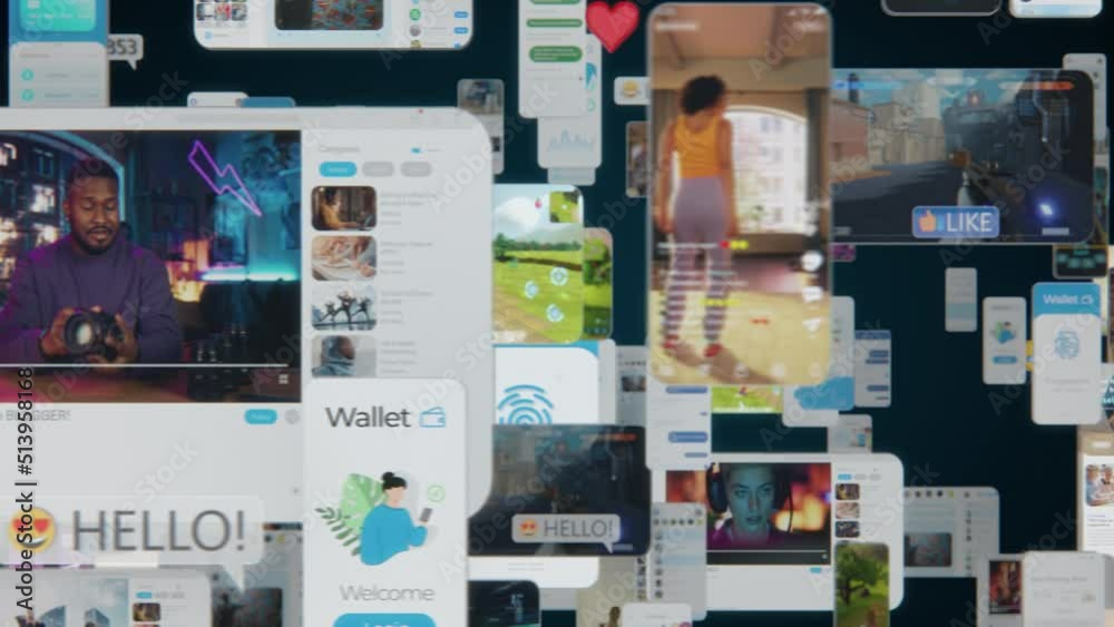 Poster VFX Animated Background with Virtual Social Media Screens Interconnected by Internet Into Worldwide Web. Internet of Things Concept with Videos, Avatars, Profiles Flowing in Online Information Space.