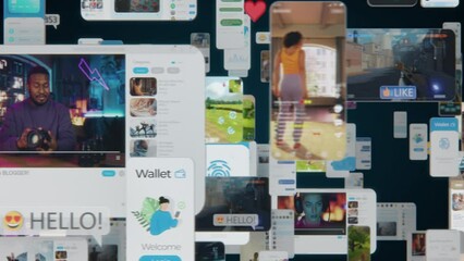VFX Animated Background with Virtual Social Media Screens Interconnected by Internet Into Worldwide Web. Internet of Things Concept with Videos, Avatars, Profiles Flowing in Online Information Space. - Powered by Adobe