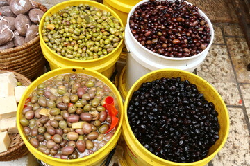 Pickled olives are sold at a bazaar in Israel