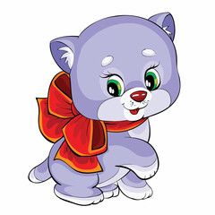 cute purple kitten character with red bow, cartoon illustration, isolated object on white background, vector,
