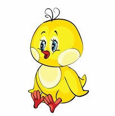 cute yellow chicken character that sits, cartoon illustration, isolated object on white background, vector,