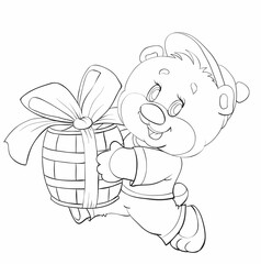 sketch, a cute character teddy bear in a cap carries a big barrel of honey in his hands, coloring book, cartoon illustration, isolated object on a white background, vector,