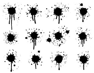 Black ink splashes with drips and drops, set.  Vector illustration