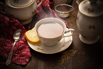 cup of tea on wooden table