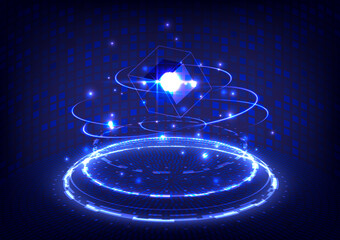 UI virtual reality. Portal and hologram science futuristic. Sci-fi digital stage in glowing HUD tech projector. Magic gate in game fantasy. Circle teleport podium. Aura stage for showing product