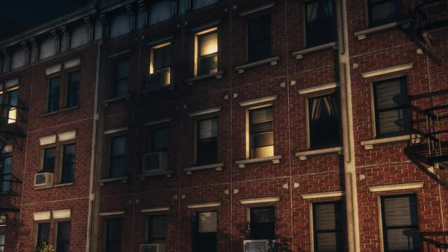 Establishing Shot: Zoom In Shot on Apartment Window in 3D VFX Animated Brick Multi-Storey Building. Twentieth Century Brownstone House. House with Emergency Stairs and Air Conditioning. Night Time.