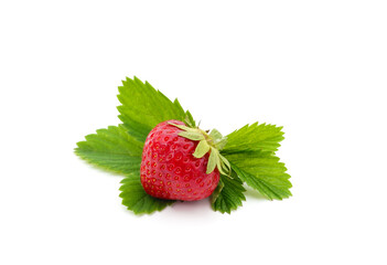Ripe strawberry with leaves.