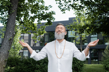senior master guru with closed eyes and open arms meditating under trees in park.