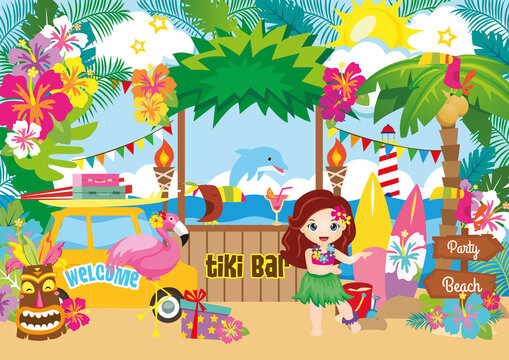 Vector illustration of girl hula dancer in Hawaii with beach elements