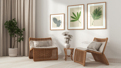 Contemporary living room in white tones. Rattan armchairs with pillows, curtains, wooden ladder and potted plants. Frame and parquet floor, front view. Retro interior design