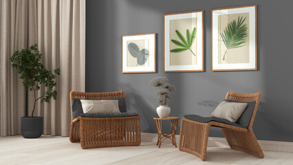 Contemporary living room in white and gray tones. Rattan armchairs with pillows, curtains, wooden ladder and potted plants. Frame and parquet floor, front view. Retro interior design