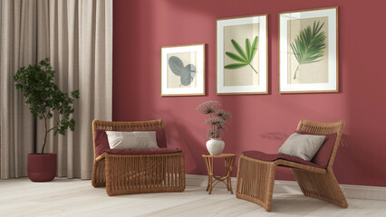Contemporary living room in white and red tones. Rattan armchairs with pillows, curtains, wooden ladder and potted plants. Frame and parquet floor, front view. Retro interior design