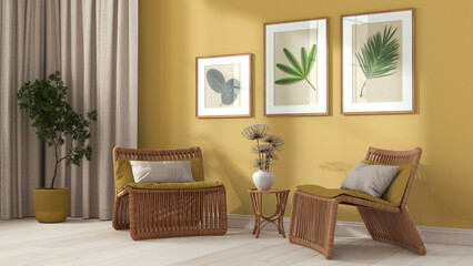 Contemporary living room in white and yellow tones. Rattan armchairs with pillows, curtains, wooden ladder and potted plants. Frame and parquet, front view. Retro interior design idea