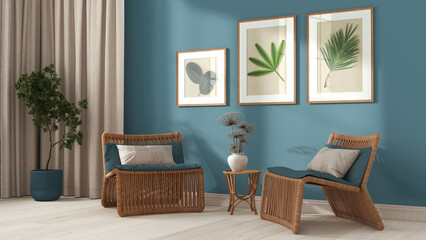 Contemporary living room in white and blue tones. Rattan armchairs with pillows, curtains, wooden ladder and potted plants. Frame and parquet floor, front view. Retro interior design