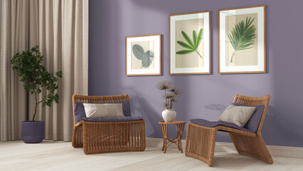 Contemporary living room in white and purple tones. Rattan armchairs with pillows, curtains, wooden ladder and potted plants. Frame and parquet, front view. Retro interior design idea