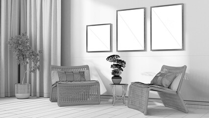 Blueprint unfinished project draft, contemporary living room. Rattan armchairs with pillows, curtains, ladder and potted plants. Frame and parquet, front view. Interior design idea