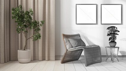 Architect interior designer concept: hand-drawn draft unfinished project that becomes real, living room. Close up. Rattan armchair, curtains, pictures and potted plant. Plaster walls