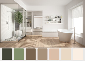 Obraz na płótnie Canvas Interior design scene with palette color. Different colors and patterns. Architect and designer concept idea. Modern bathroom with freestanding bathtub and shower, parquet