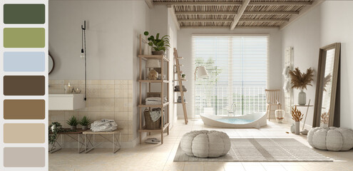 Interior design scene with palette color. Different colors and patterns. Architect and designer concept idea. Vintage bathroom with bathtub, carpet, pouf and decors