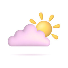 Pink cloud with yellow sun with rays. 3d icon isolated on white background. Weather icon, nature, space concept. Vector illustration